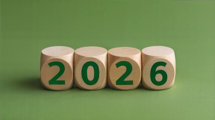 New year 2026 on wooden cube against green background.