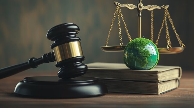 Justice symbolized by gavel and scales with Earth.