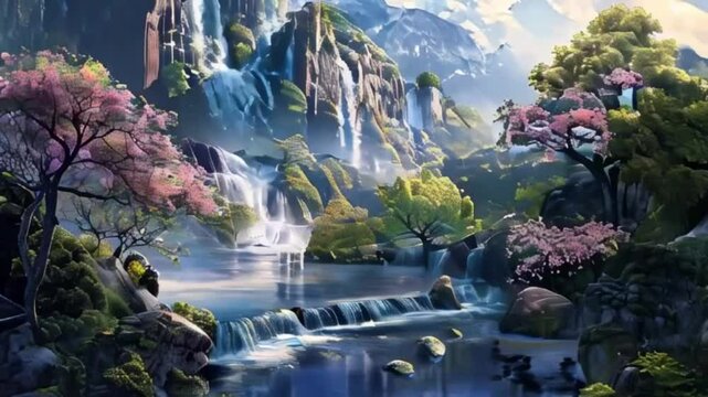 Fantastically beautiful waterfall against backdrop of natural national park, abstract vivid composition consists of fictional unreal fantastic vision on background