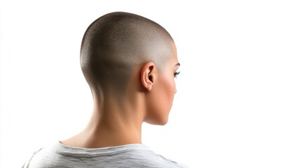 Photo of a woman patient with a shaved head fighting against cancer,