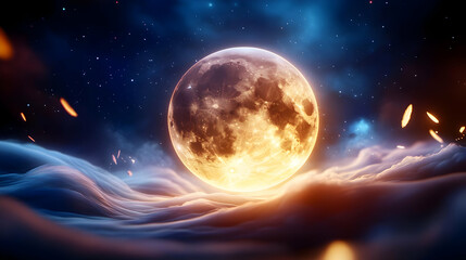 A stunning full moon illuminating a mystical, cloud-filled night sky, creating a breathtaking celestial scene.