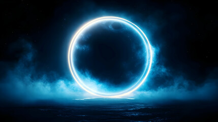A glowing blue circle in a misty atmosphere, creating a mystical and futuristic ambiance.