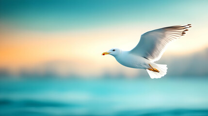Fototapeta premium A graceful seagull soaring above tranquil waters at sunset, capturing the essence of freedom and nature's beauty.