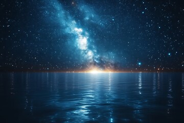 Milky Way reflected in calm ocean at night.