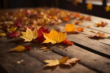 Obraz premium Falling maple leaf's on the empty wooden table top in autumn with blur background