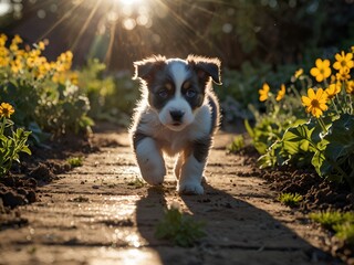 Obraz premium A playful puppy in a garden of solar flowers, chasing beams of reflected light