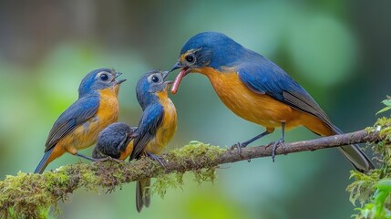 Obraz premium A parent bird feeding its chicks on a mossy branch in a lush environment.
