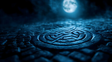 A mysterious maze carved into stone glows under a full moon, evoking intrigue and ancient symbolism in the night.