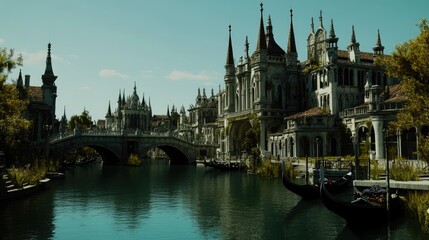Fototapeta premium A serene, fantastical cityscape with canals and ornate architecture under a bright sky.