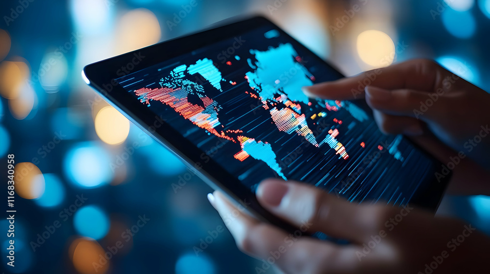 Poster a person interacting with a tablet displaying a world map and data visualization on a bright backgro