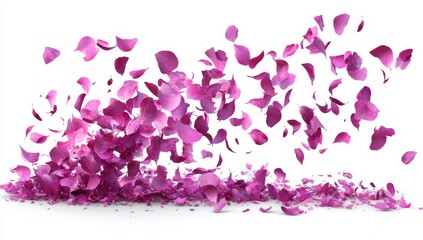 Pink petals floating and falling on white background.