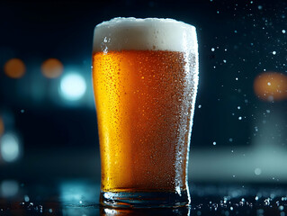 A refreshing glass of beer with foam and condensation, beautifully captured in soft lighting.