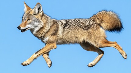 Fototapeta premium A coyote leaps gracefully against a clear blue sky, showcasing its agility and beauty.
