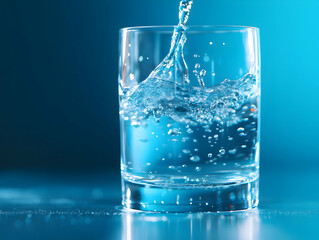 A refreshing splash of water in a clear glass against a calming blue background, ideal for beverage-related themes.