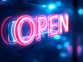 A vibrant neon 'Open' sign illuminating a storefront, inviting customers to enter and explore.