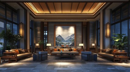 Fototapeta premium Luxurious Asian-style living room with large windows, comfortable sofas, and artwork.