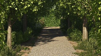 Obraz premium A serene pathway framed by lush greenery and trees.