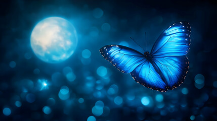 A stunning blue butterfly gliding gracefully against a dreamy moonlit background filled with soft bokeh lights.