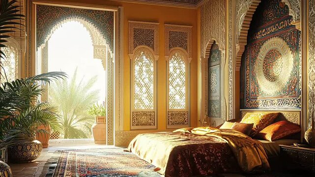 stylish bedroom in a Moroccan Riad, with carved wooden furniture, colorful textiles, and soft lighting, creating an inviting and serene atmosphere