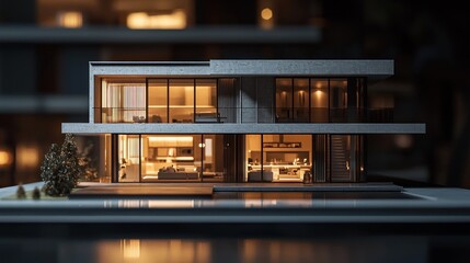 Illuminated Modern Architectural Model Home at Night