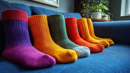 A row of six colorful socks laid out on a blue couch.
