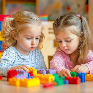 Children in Kindergarten play with colored cubes, The concept of child development