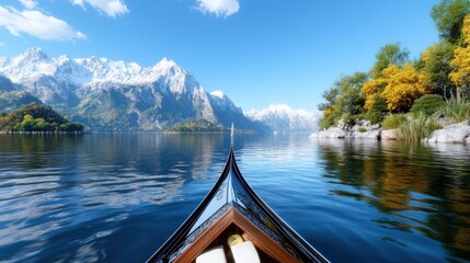 Obraz premium Serene lake view from a boat, surrounded by mountains and trees.