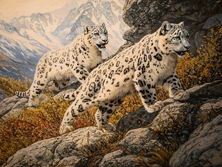 Obraz premium A close-up of a pair of snow leopards playing in the rugged mountain landscape, their coats blending with the rocky terrain, bathed in a cool, crisp light.