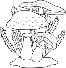 Cute mushroom floral coloring page vector illustration, black white outline coloring book for kids