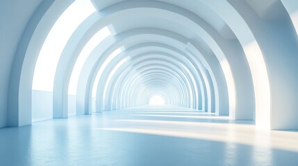 Light shining through a long, arched hallway.