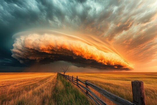 Dramatic sunset illuminates a massive, shelf cloud over a golden prairie field, a lone tree standing guard by a rustic fence.