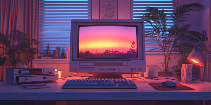 A retro computer desktop setup with a sunset displayed on the monitor screen.