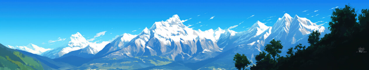 Fototapeta premium Panorama nature landscape with mountains and snow in anime style illustration