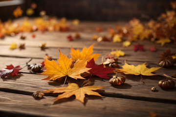 Obraz premium Falling maple leaf's on the empty wooden table top in autumn with blur background