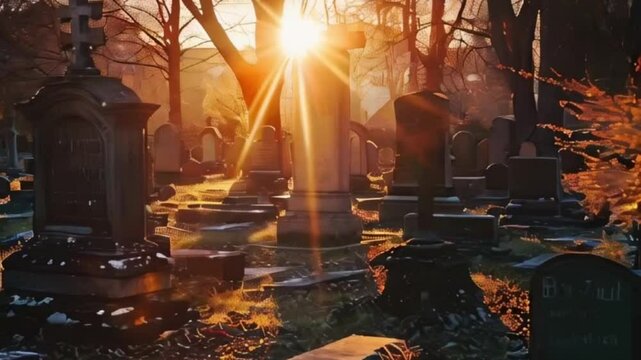 Fantastically mysterious cemetery with tombstones and terribly scary atmosphere, abstract vivid composition consists of fictional unreal fantastic vision on background