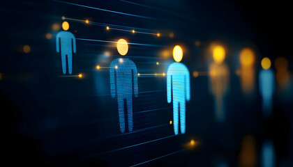 Abstract digital social network concept with glowing blue figures representing online connections.