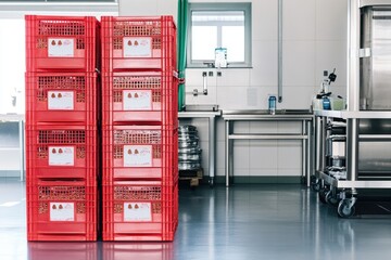 Stacked red crates in a clean kitchen environment, likely for food storage or preparation.