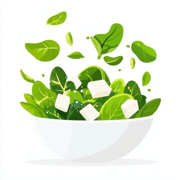 a serving of Caesar salad, healthy food, flat cartoon illustration, vibrant greens and whites, isolated on white background