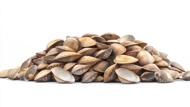 Pile of empty clam shells on white background.