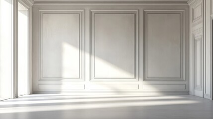 Sunlit empty room with white paneled walls and large windows.