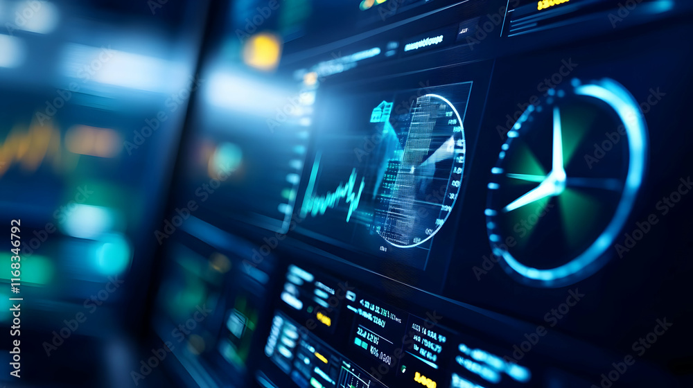 Poster close-up of a high-tech interface displaying data and analytics on a futuristic screen.