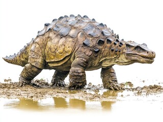 Obraz premium A prehistoric turtle-like creature walking near water on a muddy surface.