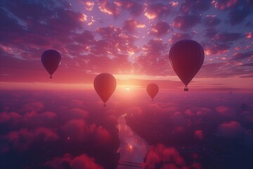 Colorful hot air balloons soaring above a breathtaking sunset over clouds with vibrant sky colors.
