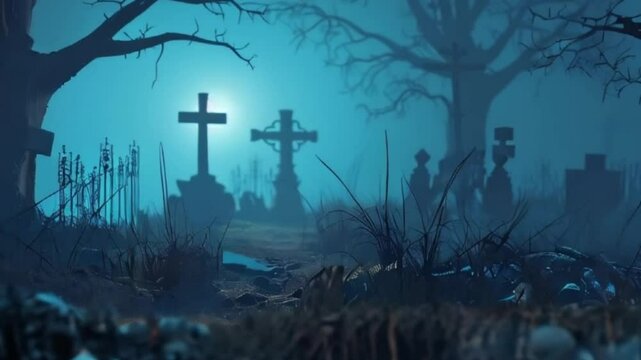Fantastically mysterious cemetery with tombstones and terribly scary atmosphere, abstract vivid composition consists of fictional unreal fantastic vision on background