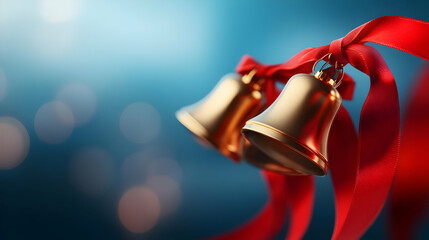 Beautiful golden bells hanging with red ribbons, reflecting festive spirit and holiday cheer with shimmering background.