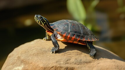 Obraz premium A turtle basking on a rock near water, showcasing its colorful shell and serene environment.