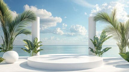 Fototapeta premium 3d background product display podium scene with leaf geometric platform,cloud and sky, palm shadows and white stone podium,Mockup for eco beauty cosmetic advertising,Copy space.