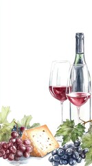 Watercolor illustration set with Two glasses with red wine,different type of cheese,cheese Board,wooden cut board, bread,olives on an isolated white background.