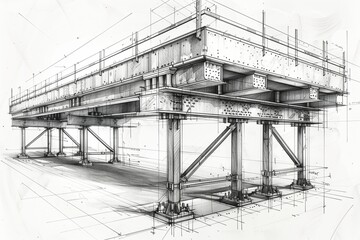 Detailed architectural sketch of a modern bridge showcasing design and engineering elements.