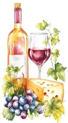 Watercolor illustration set with Two glasses with red wine,different type of cheese,cheese Board,wooden cut board, bread,olives on an isolated white background.